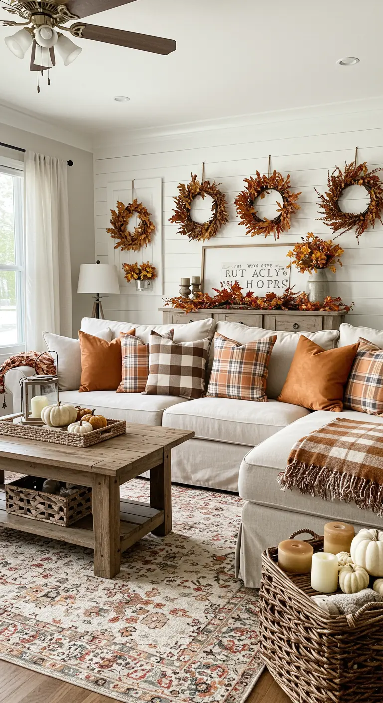 Sala de estar de estilo farmhouse con sofá blanco, cojines de cuadros y coronas otoñales en la pared.