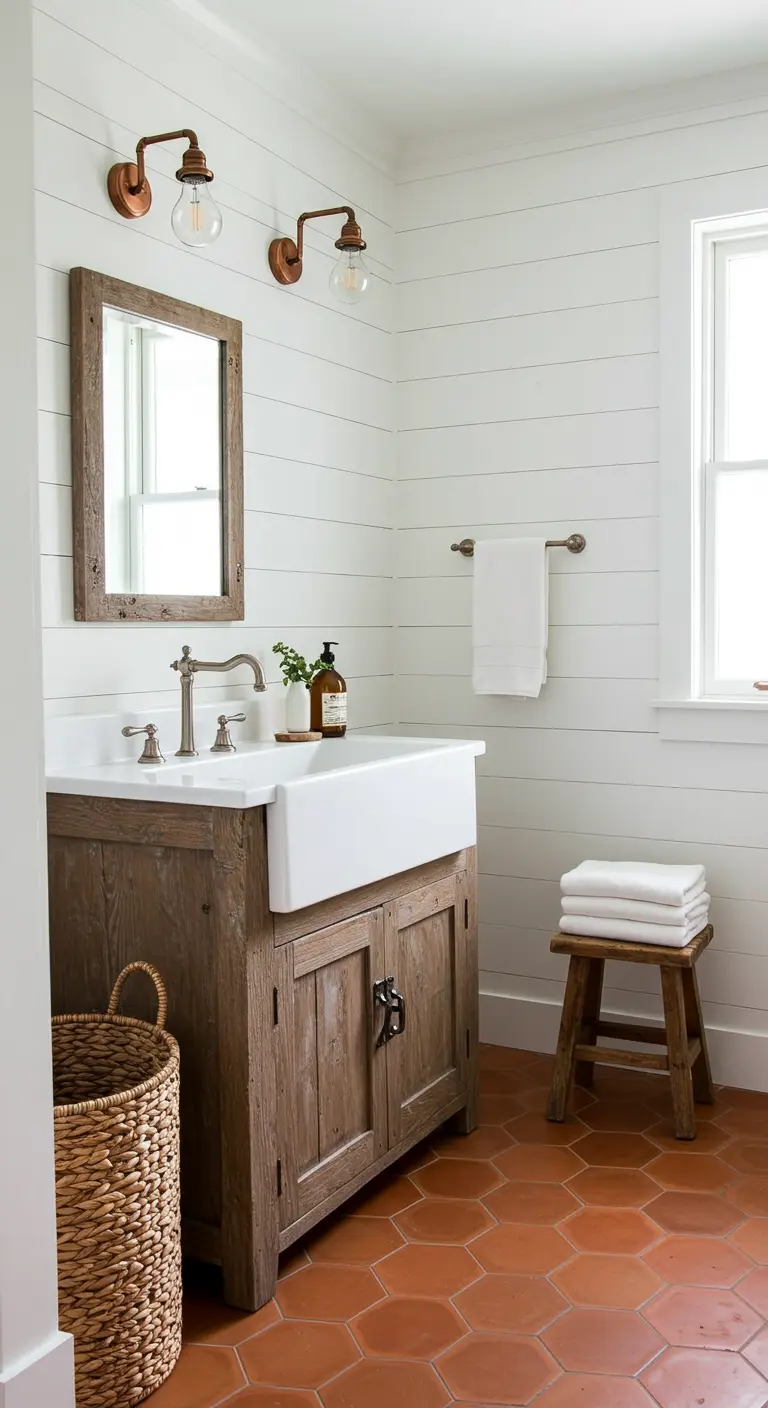 Baño estilo granja con paredes blancas, lavabo de cerámica y apliques de cobre.