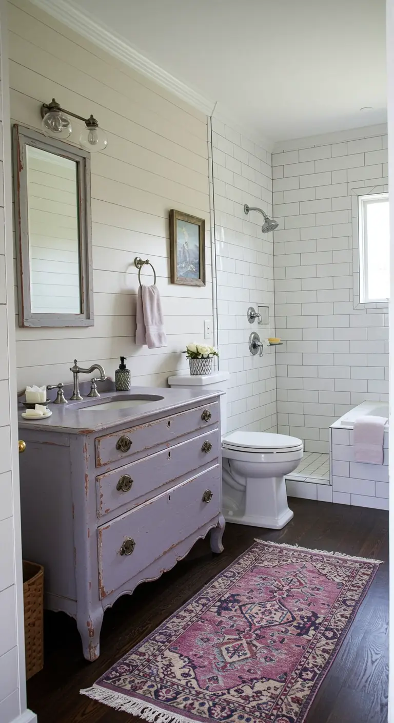 Baño de estilo farmhouse con una cómoda antigua pintada de lavanda como mueble de lavabo