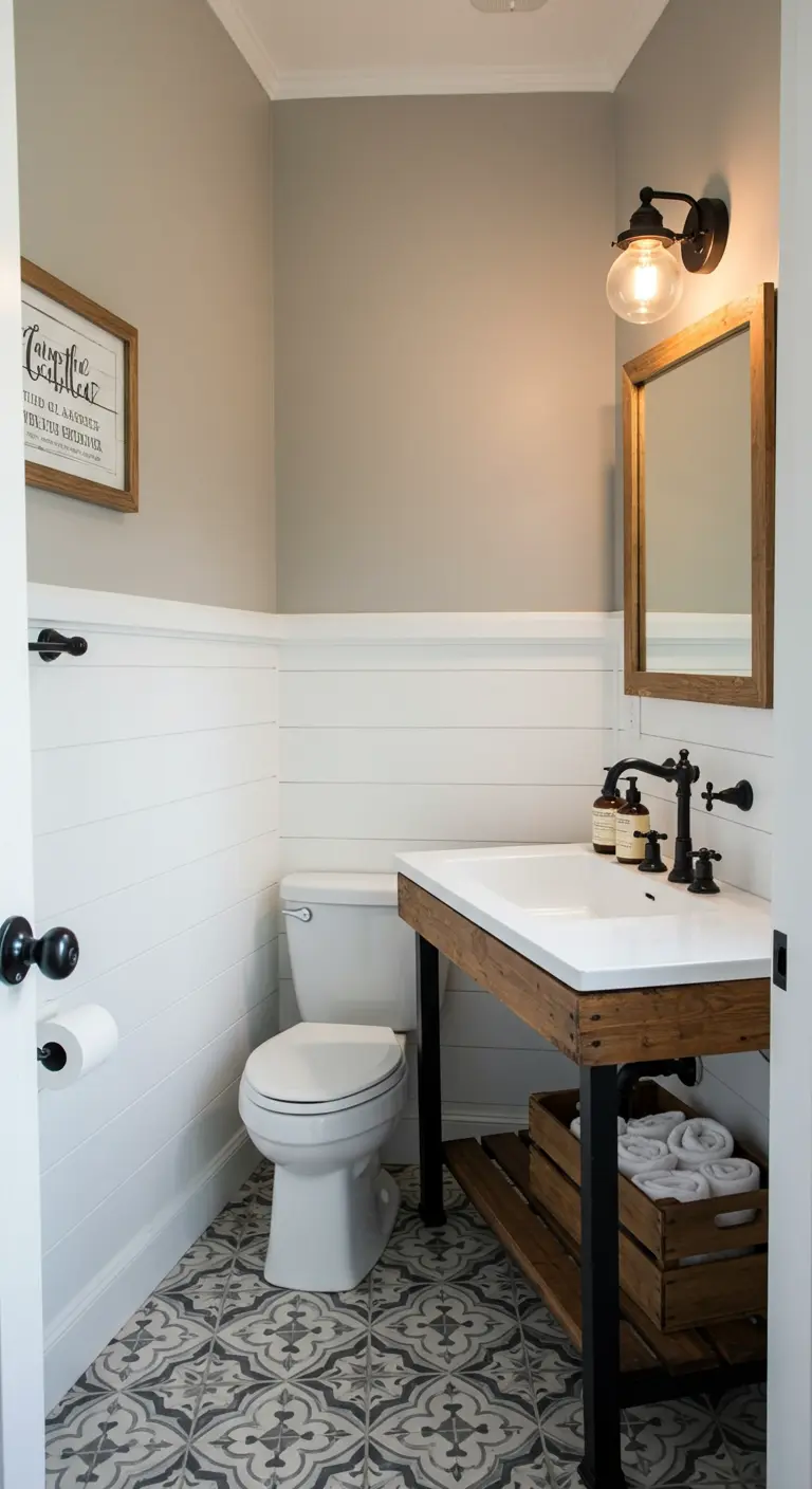 Baño de estilo farmhouse con pared de lamas blancas y suelo de baldosas hidráulicas