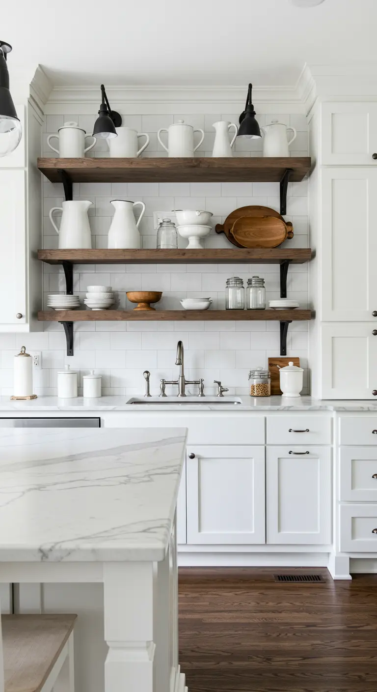Cocina farmhouse con estantes de madera, soportes negros y vajilla blanca de cerámica.