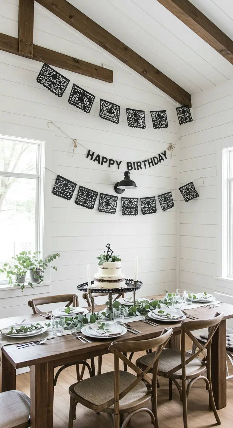 Comedor estilo farmhouse con paredes blancas, papel picado negro y una mesa de madera.