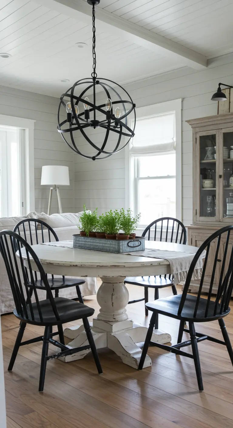 Comedor farmhouse con mesa redonda blanca desgastada y lámpara orbital de metal negro.