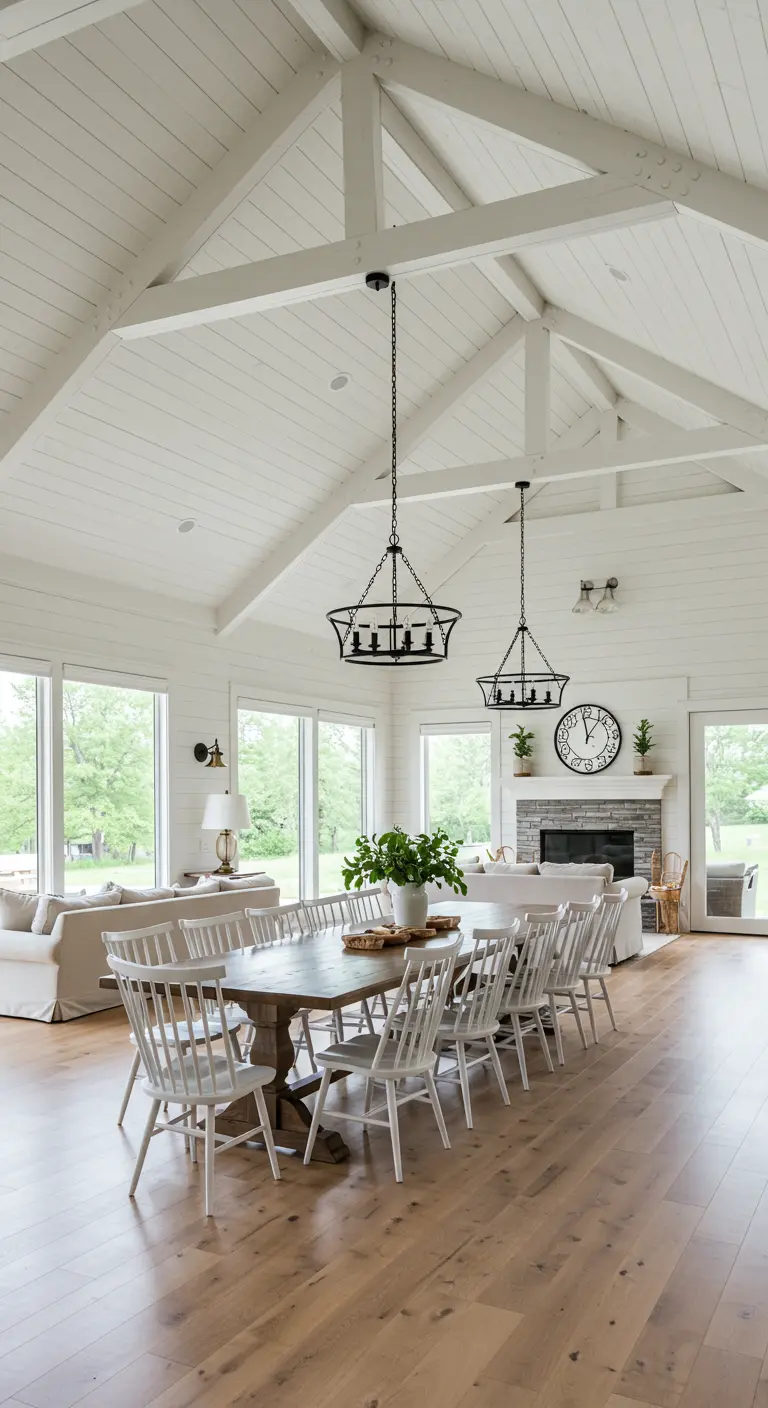Espacioso comedor de estilo farmhouse con techo abovedado blanco y lámparas negras