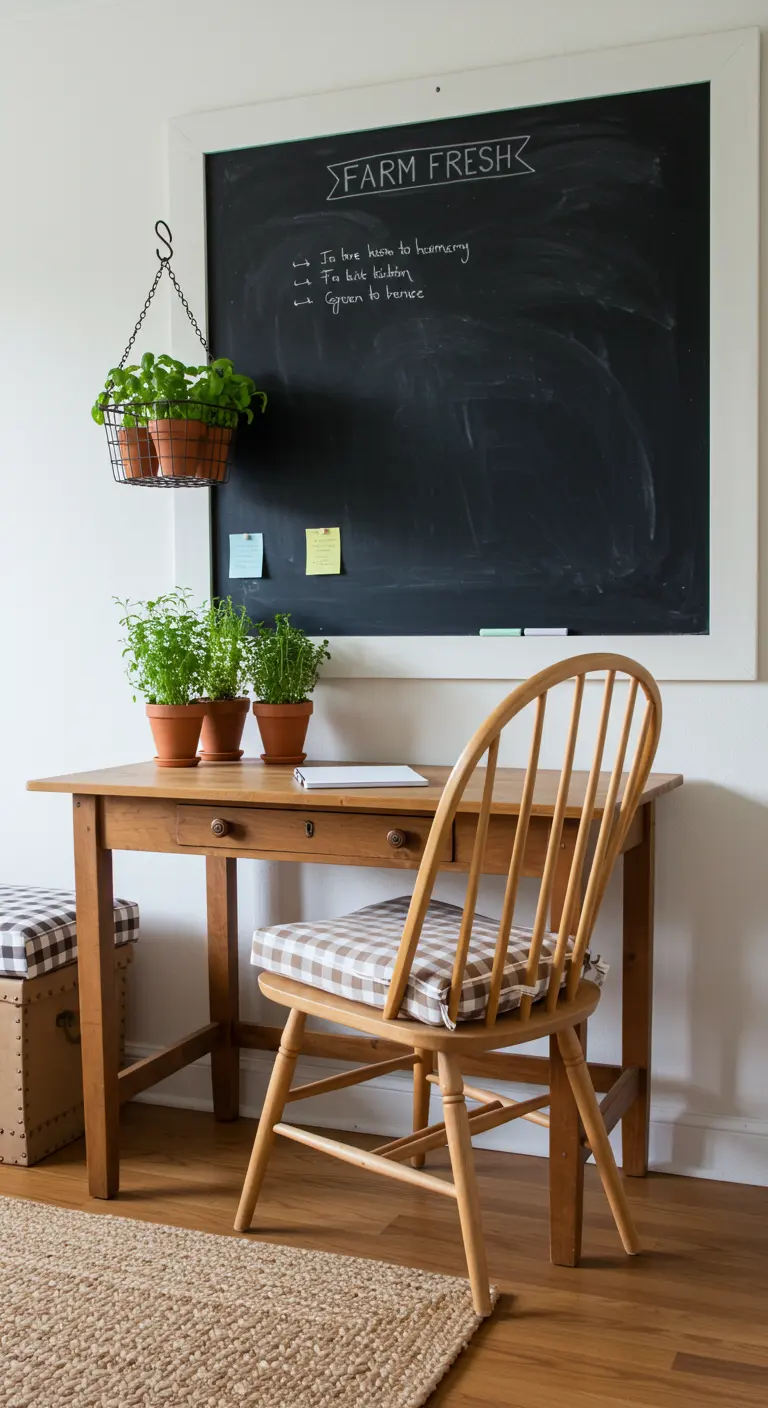 Oficina en casa de estilo farmhouse con una gran pizarra y macetas de hierbas aromáticas.