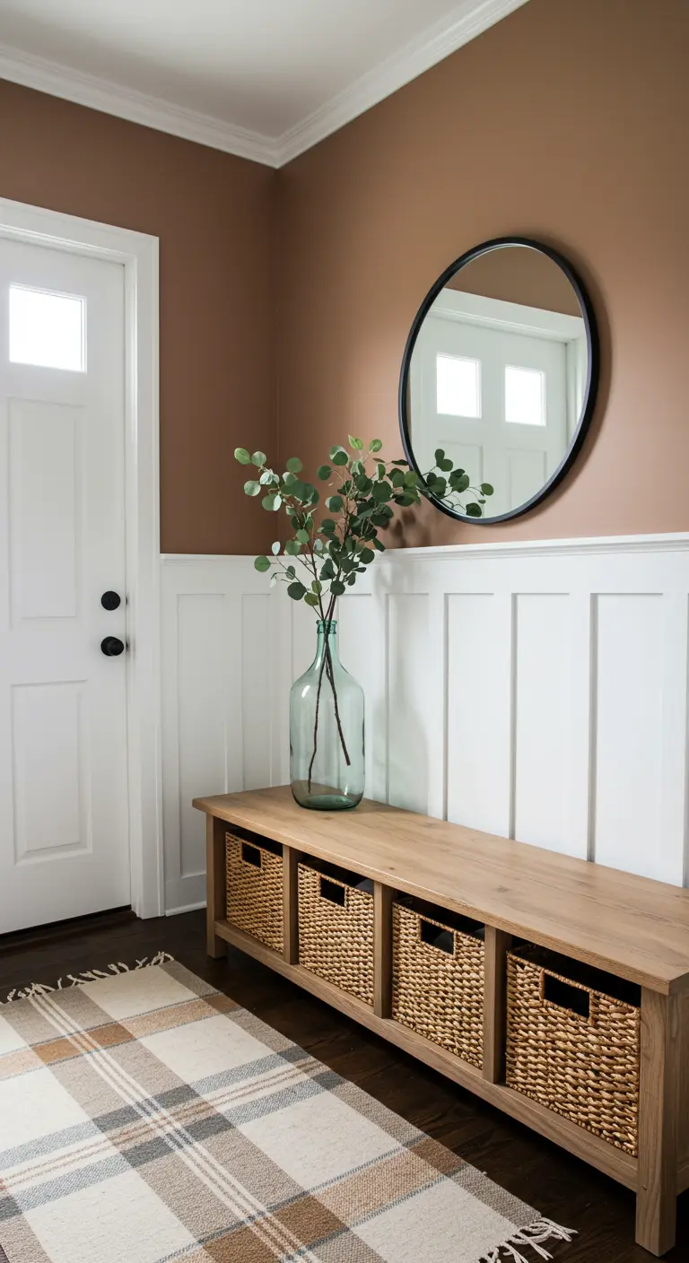 Entrada de estilo farmhouse con pared bicolor, banco con cestas y espejo redondo