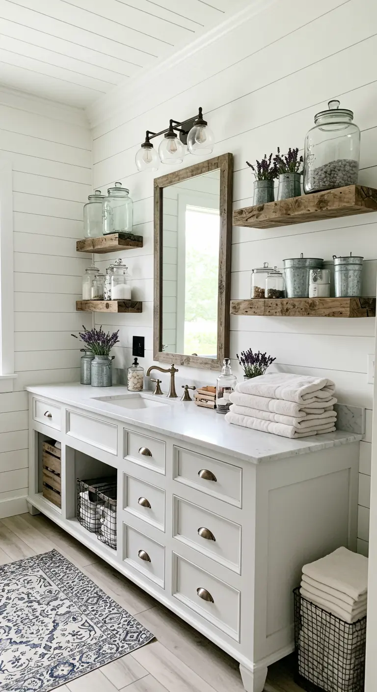 Baño de estilo farmhouse con estanterías de madera rústica y tarros de cristal.