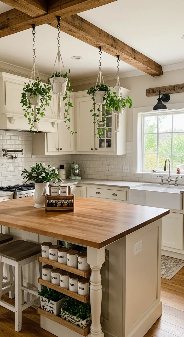 Cocina estilo granja con isla de madera, vigas en el techo y plantas colgantes en macramé.
