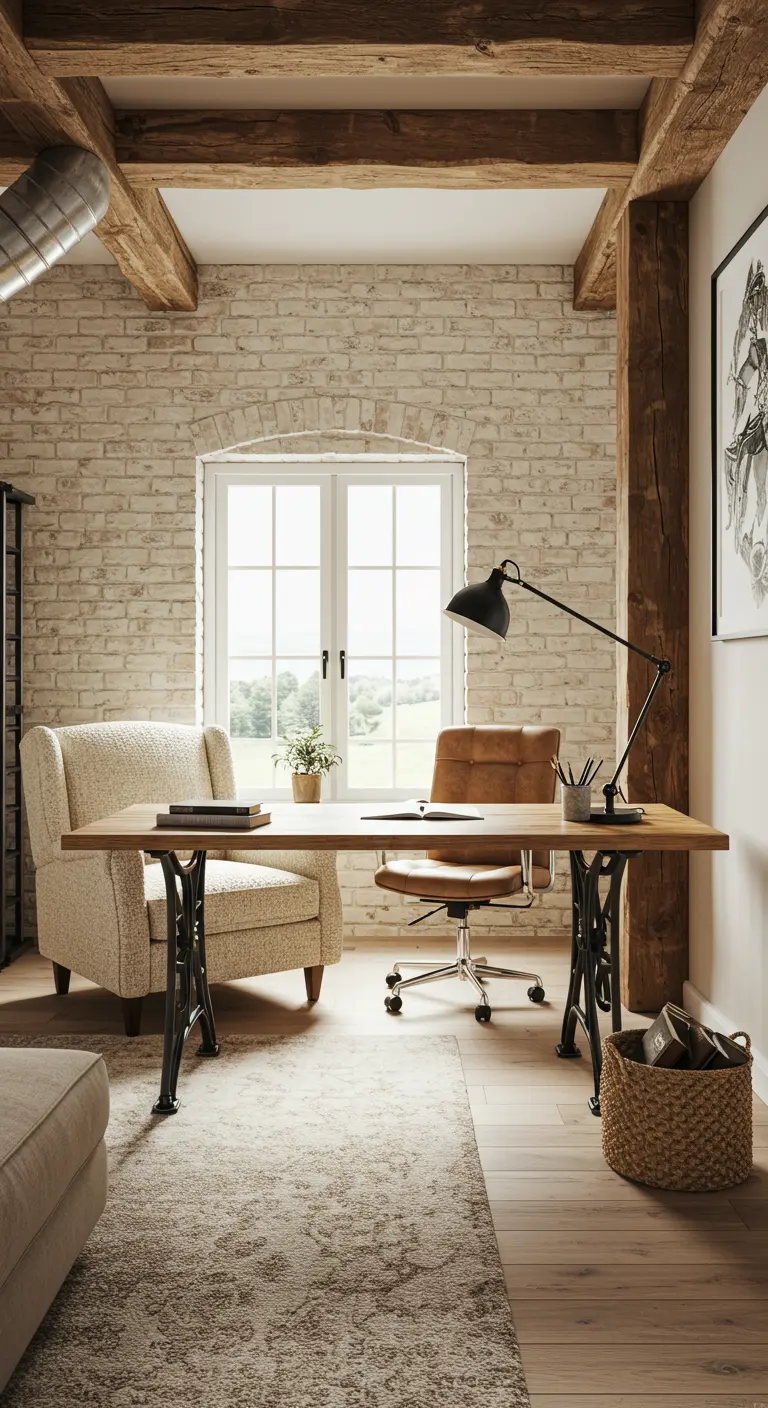 Oficina luminosa con pared de ladrillo blanqueado, vigas de madera y un escritorio con patas de hierro.
