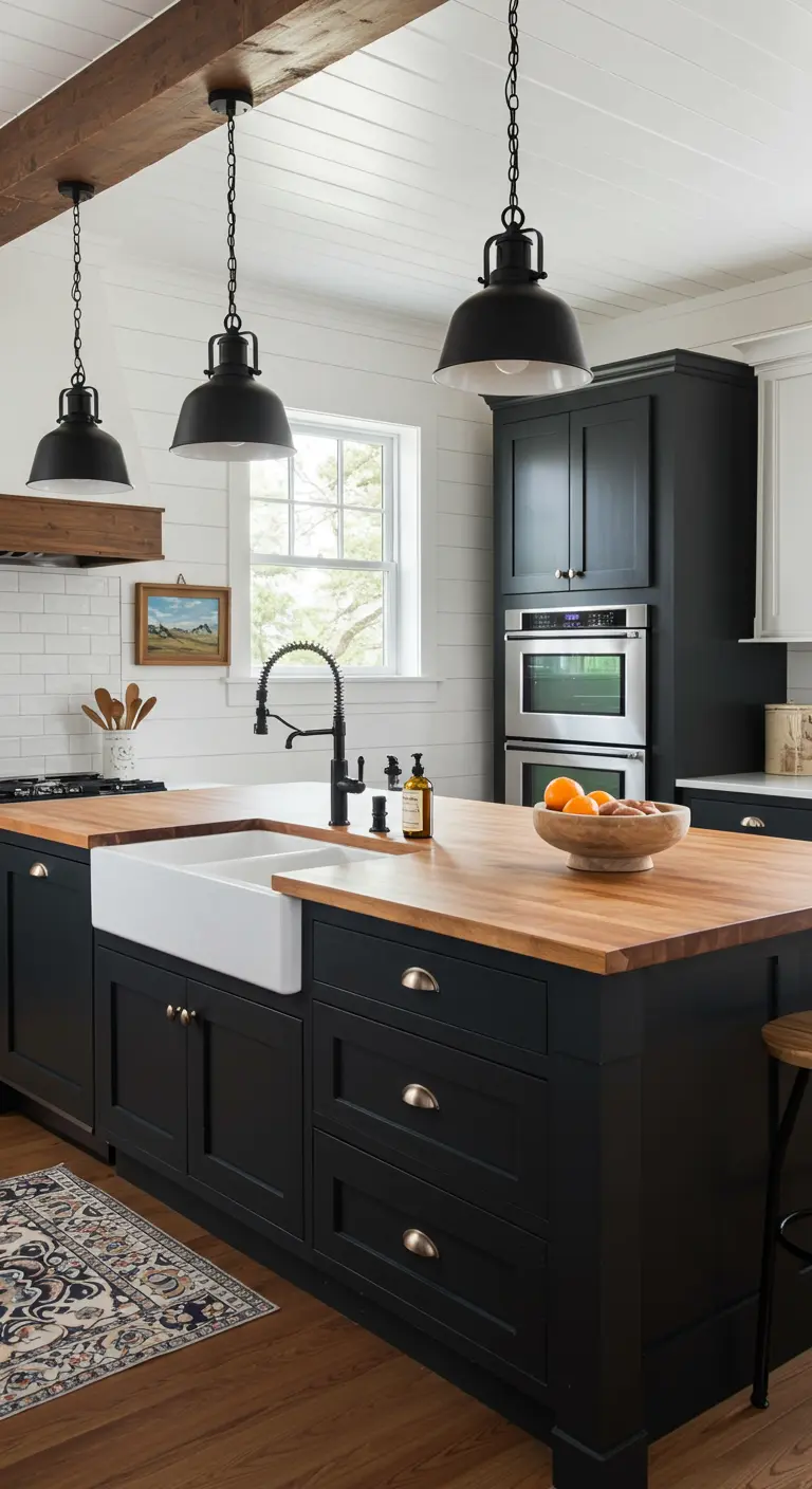 Cocina de estilo farmhouse con armarios negros, encimera de madera y fregadero de cerámica.