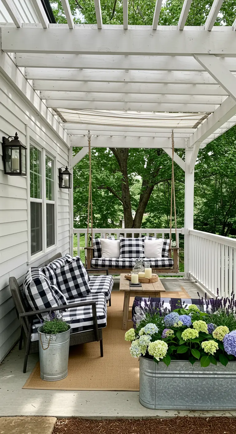Porche con pérgola blanca, muebles de exterior con tapicería de cuadros blancos y negros y hortensias.