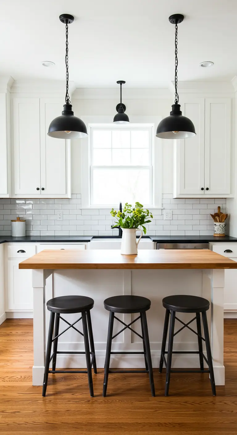 Cocina de estilo Farmhouse moderno con armarios blancos, encimeras oscuras y taburetes negros.