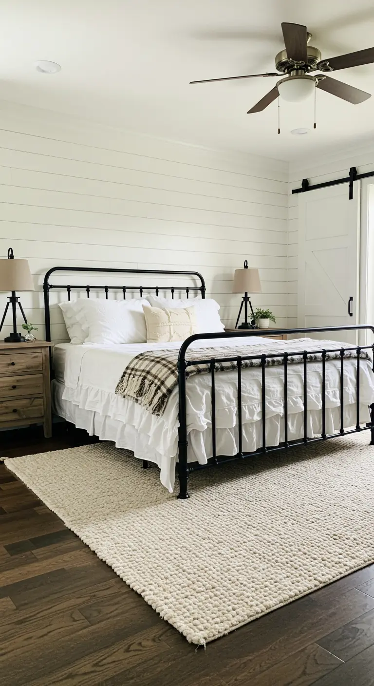 Dormitorio Farmhouse moderno con cama de metal negro, paredes blancas y puerta de granero