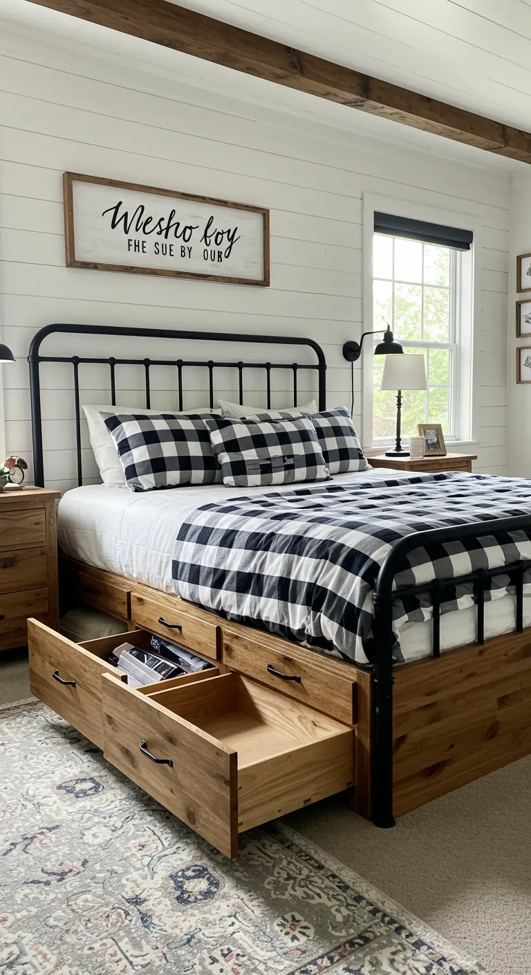 Cama de estilo farmhouse con estructura de metal negro, base de madera con cajones y ropa de cama a cuadros.