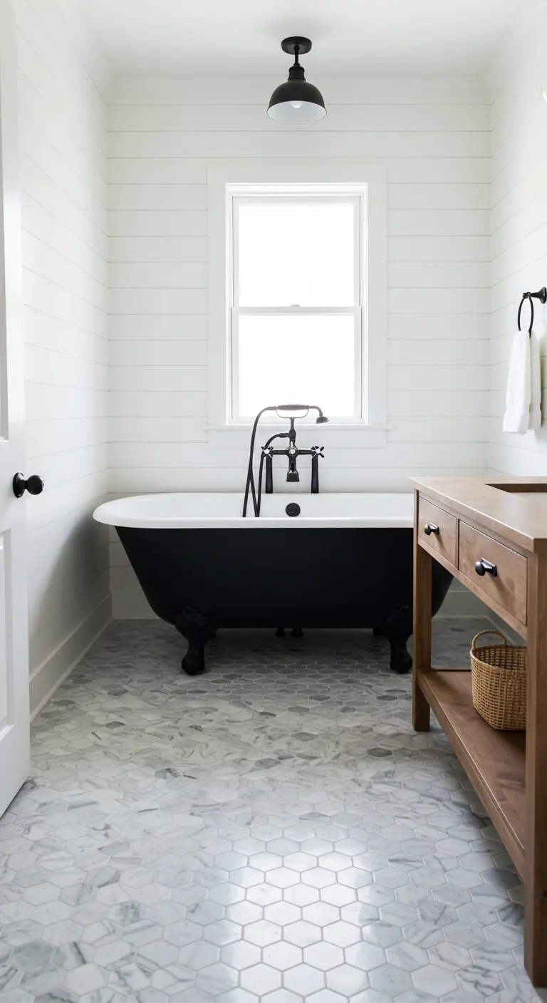 Baño de estilo farmhouse con bañera negra con patas, paredes blancas de lamas y suelo hexagonal de mármol