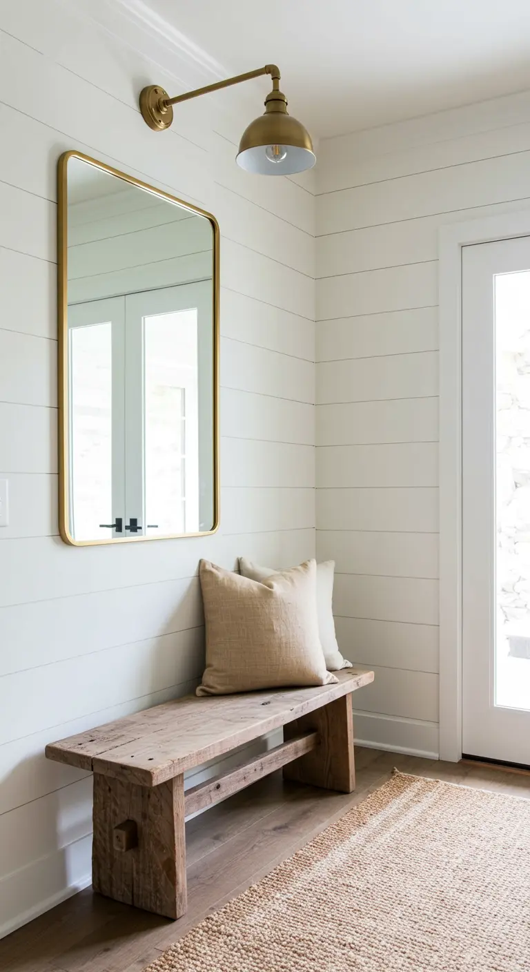 Entrada estilo farmhouse con paredes de lamas blancas, banco de madera rústica y espejo dorado.