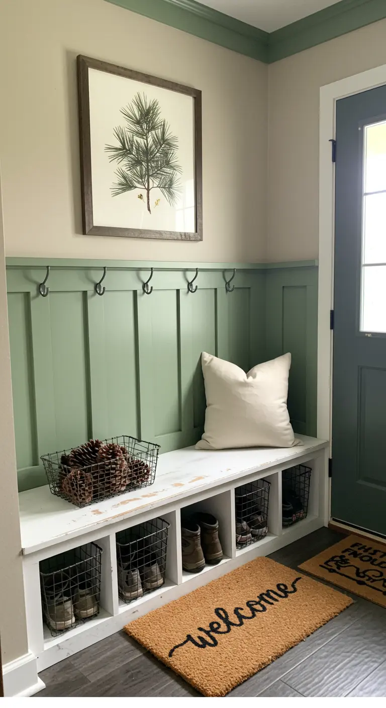 Rincón de entrada estilo farmhouse con banco de almacenaje y pared verde.