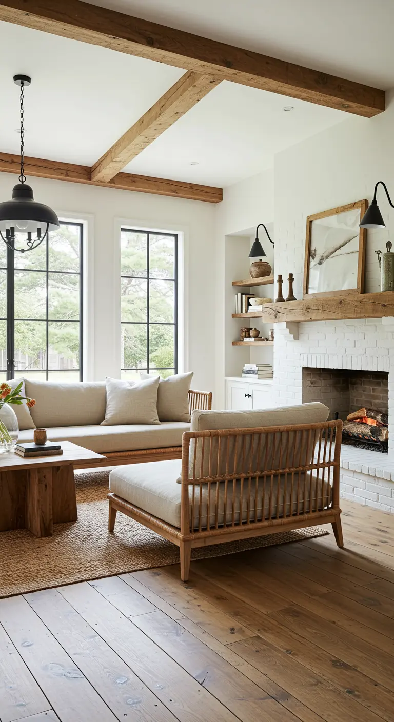 Salón estilo farmhouse moderno con vigas de madera, chimenea de ladrillo y muebles de ratán.