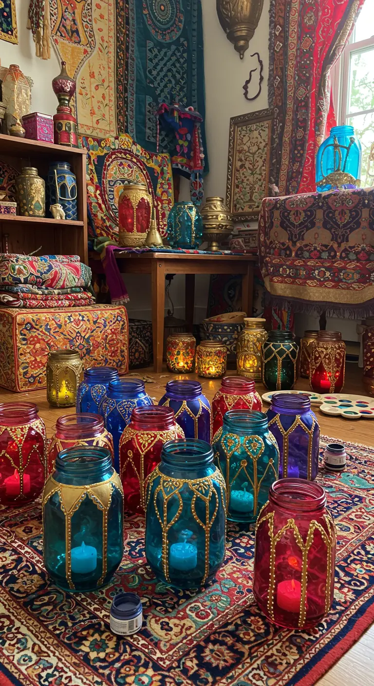 Colección de portavelas de vidrio pintados en colores intensos con detalles dorados de estilo marroquí.