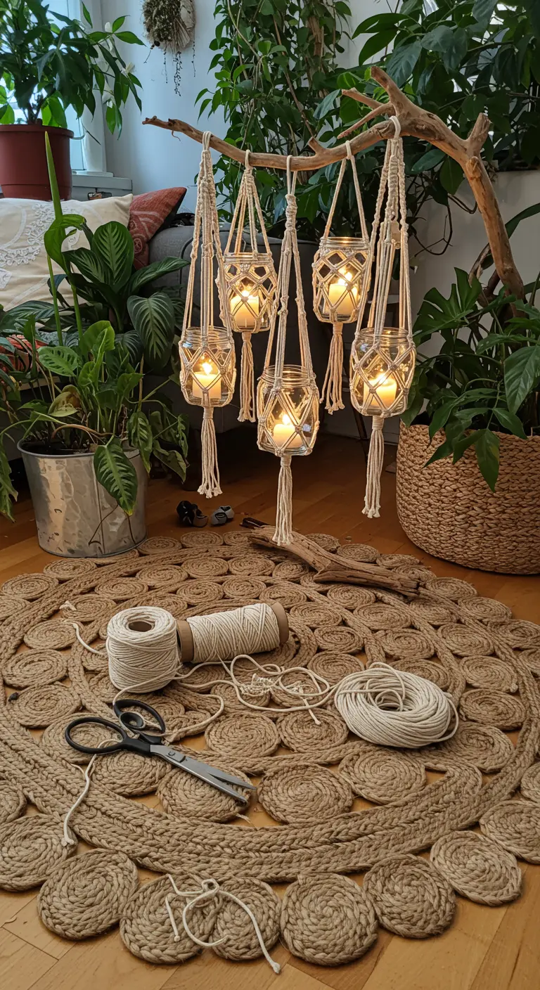 Portavelas colgantes hechos con frascos de vidrio y soportes de macramé anudados a mano.