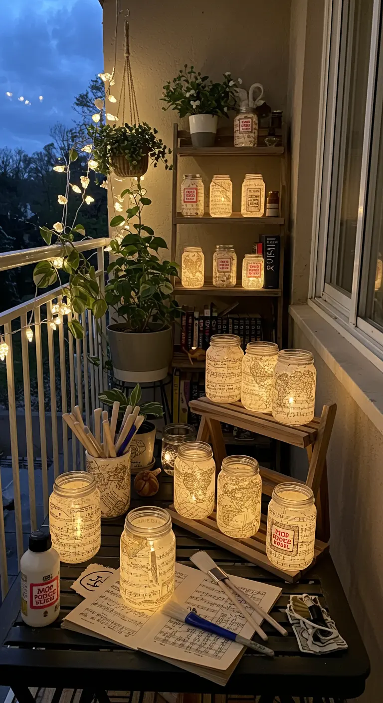 Frascos decorados con la técnica de decoupage usando partituras musicales, iluminados con velas LED.