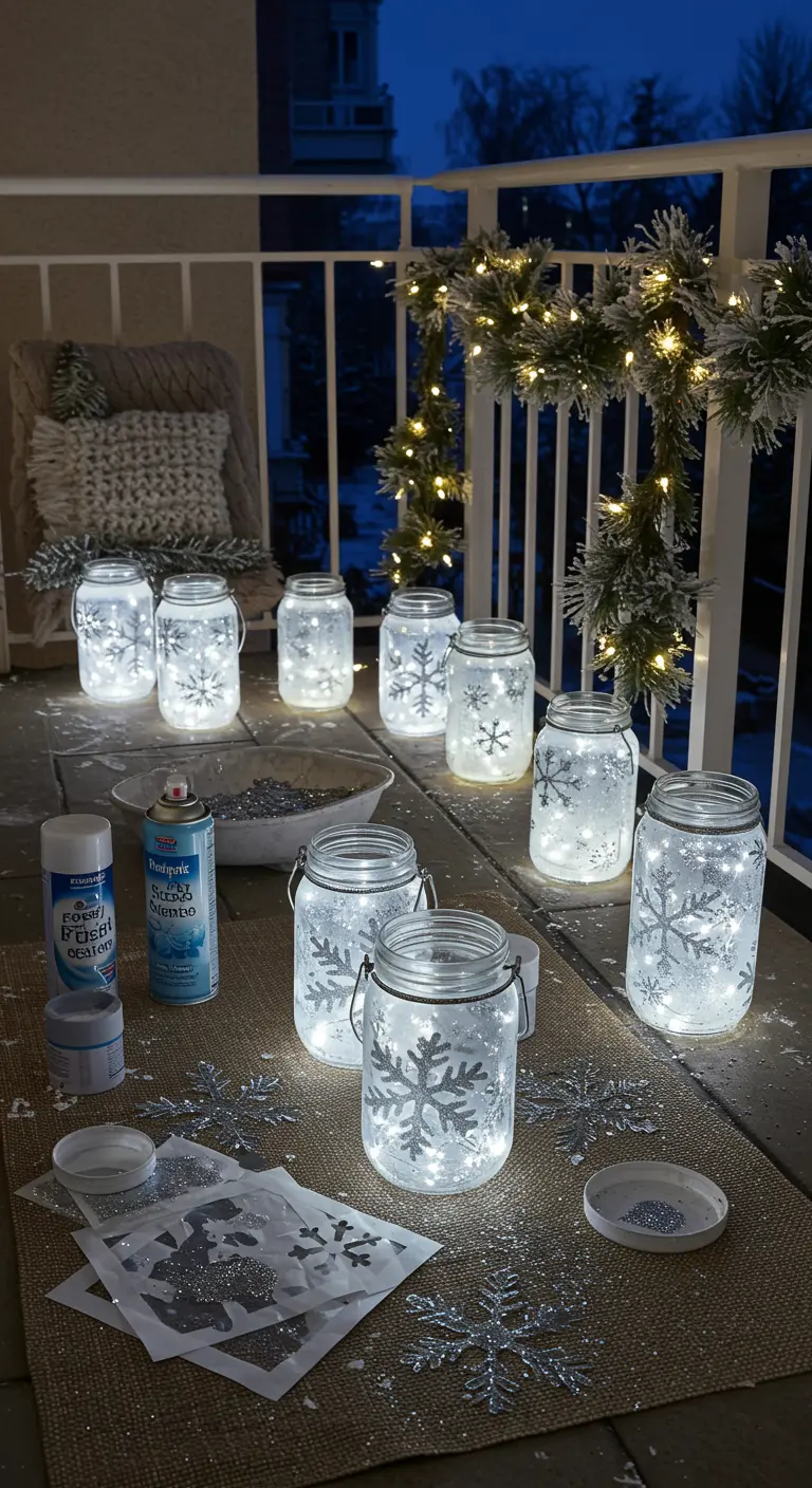 Frascos decorados con copos de nieve y escarcha artificial, iluminados con luces LED blancas.