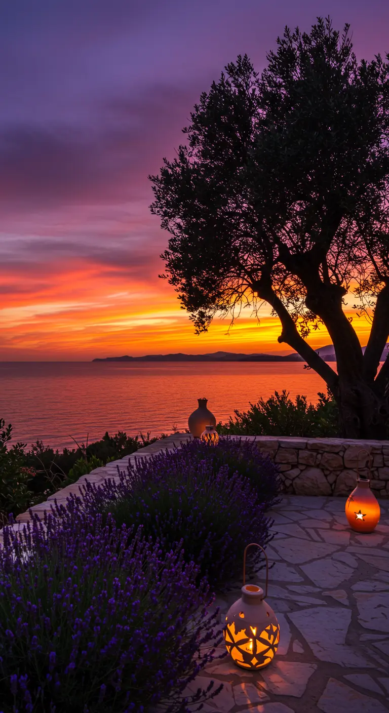 Terraza con vistas al mar al atardecer, con un olivo y farolillos iluminados en el suelo.