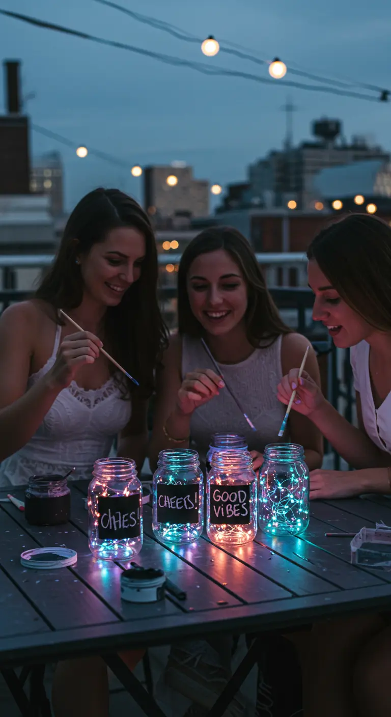 Tres mujeres en una terraza por la noche, pintando mensajes con tiza en frascos con luces de colores.
