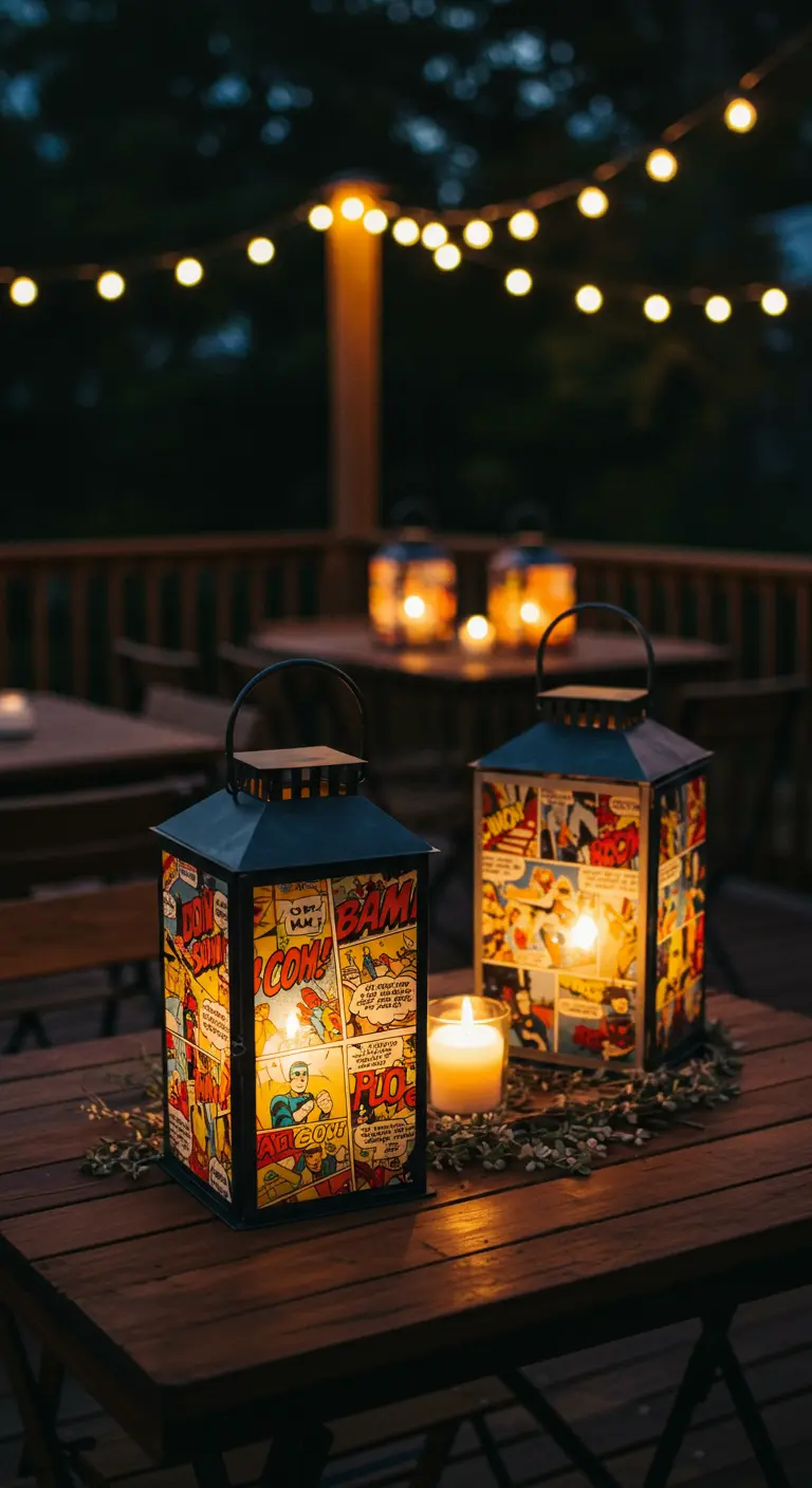 Farolillos de metal negro decorados con paneles de cómic, iluminados con velas en una mesa.