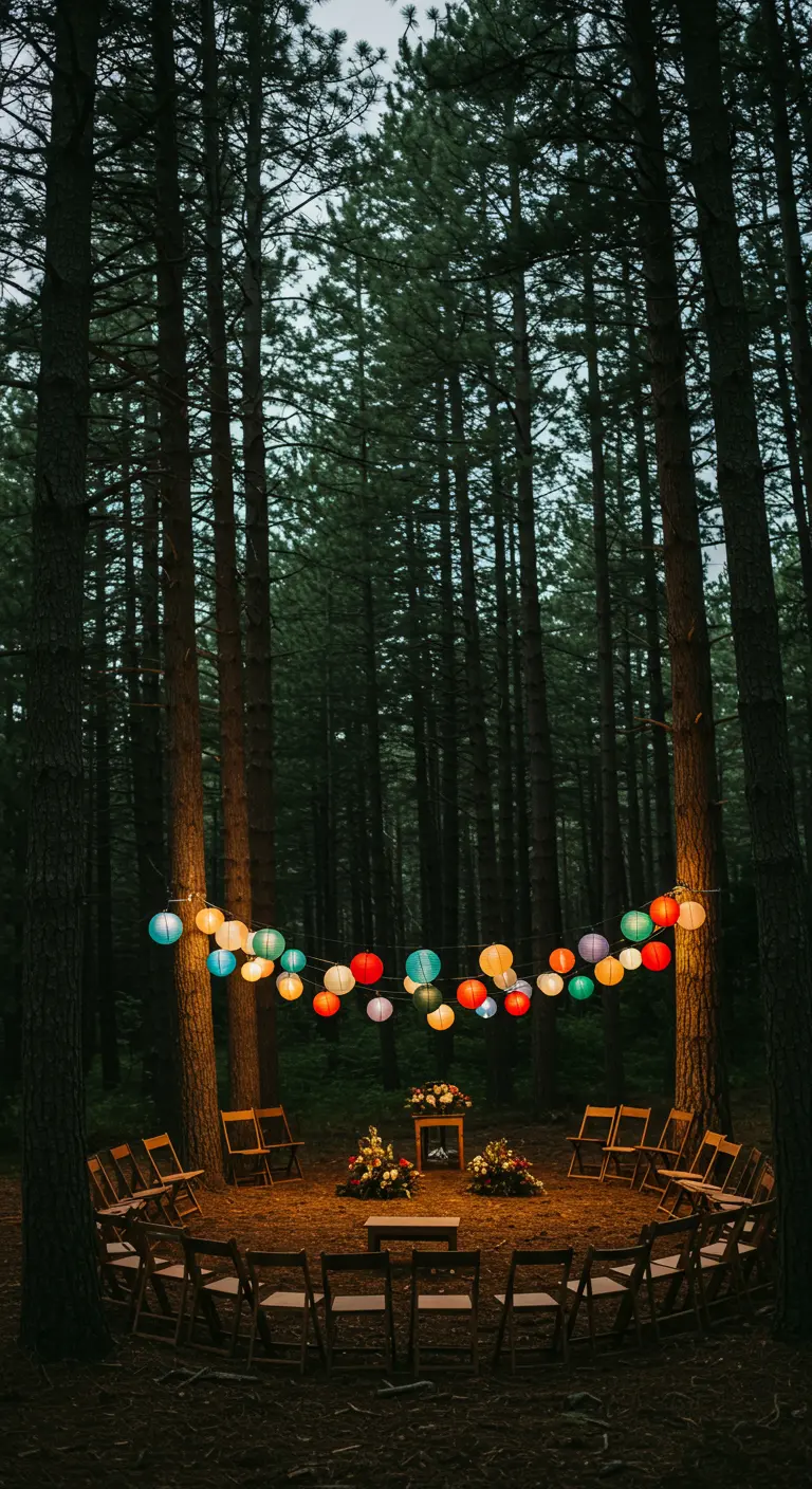 Círculo de sillas en un bosque de noche, iluminado por una guirnalda de farolillos de papel de colores.