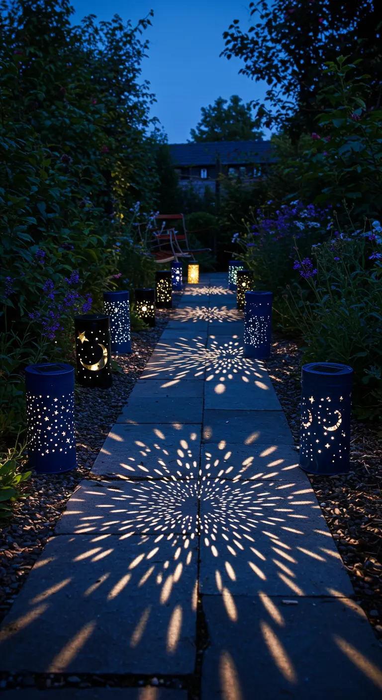 Latas metálicas pintadas de azul con perforaciones de estrellas que proyectan luz en un camino.