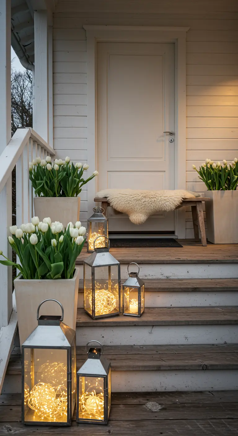 Escalones de madera decorados con farolillos de metal llenos de luces y macetas con tulipanes blancos.