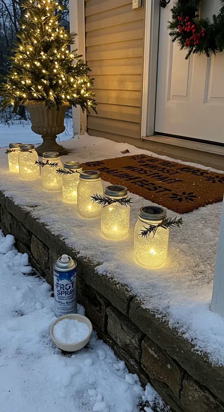 Frascos con acabado escarchado y luces solares, alineados sobre un murete cubierto de nieve.