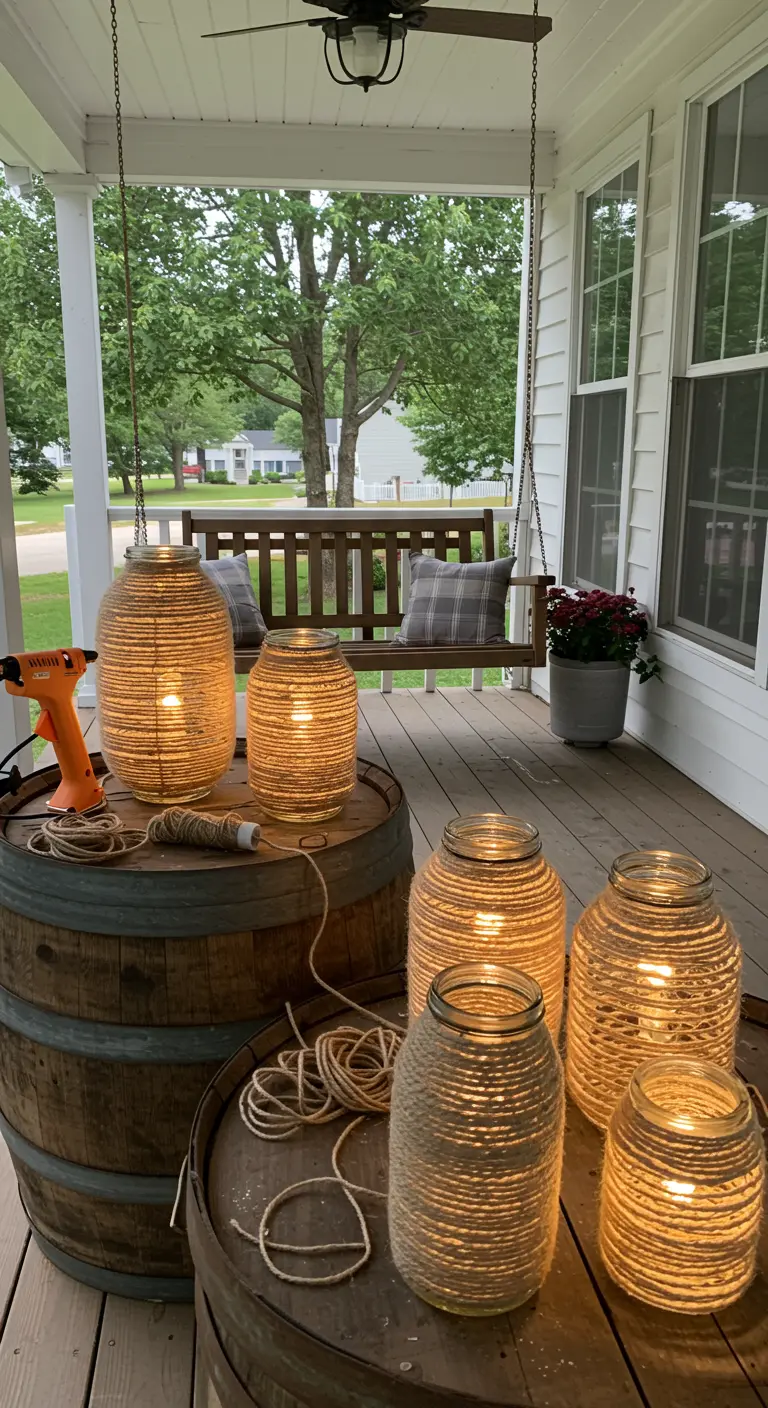 Farolillos hechos enrollando cuerda de yute alrededor de grandes frascos de vidrio en un porche rústico.