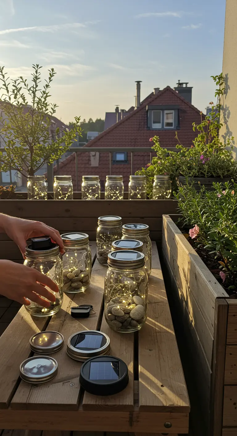 Persona montando farolillos solares, colocando tapas con panel solar en frascos con piedras dentro.