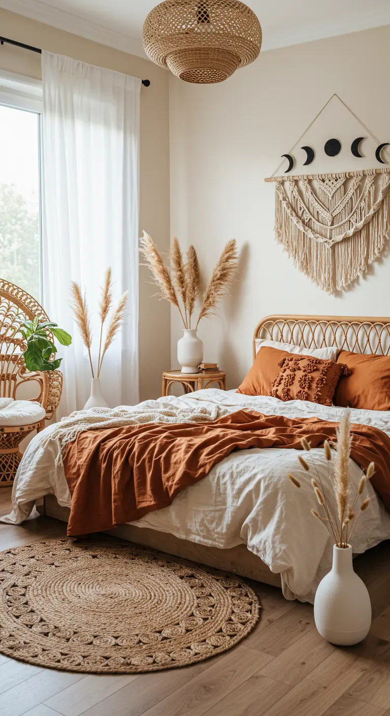 Dormitorio boho con decoración de fases lunares en macramé, tonos tierra y texturas naturales.