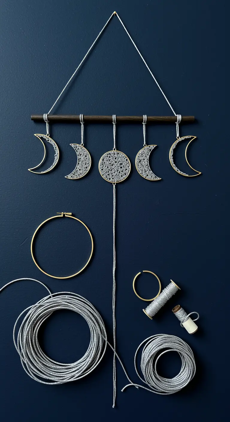 Móvil de fases lunares hecho con aros metálicos y cordón plateado brillante