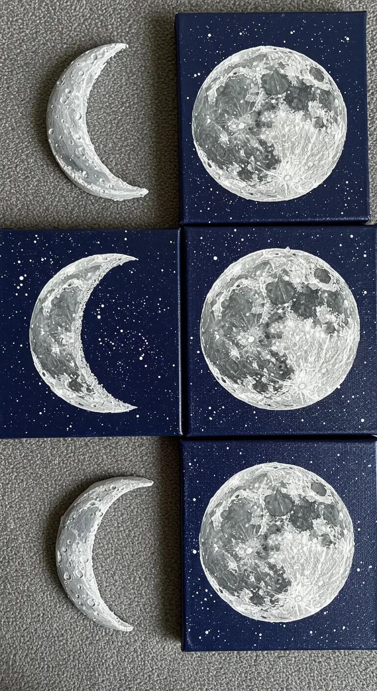 Conjunto de seis pequeños cuadros que muestran las fases de la luna en relieve
