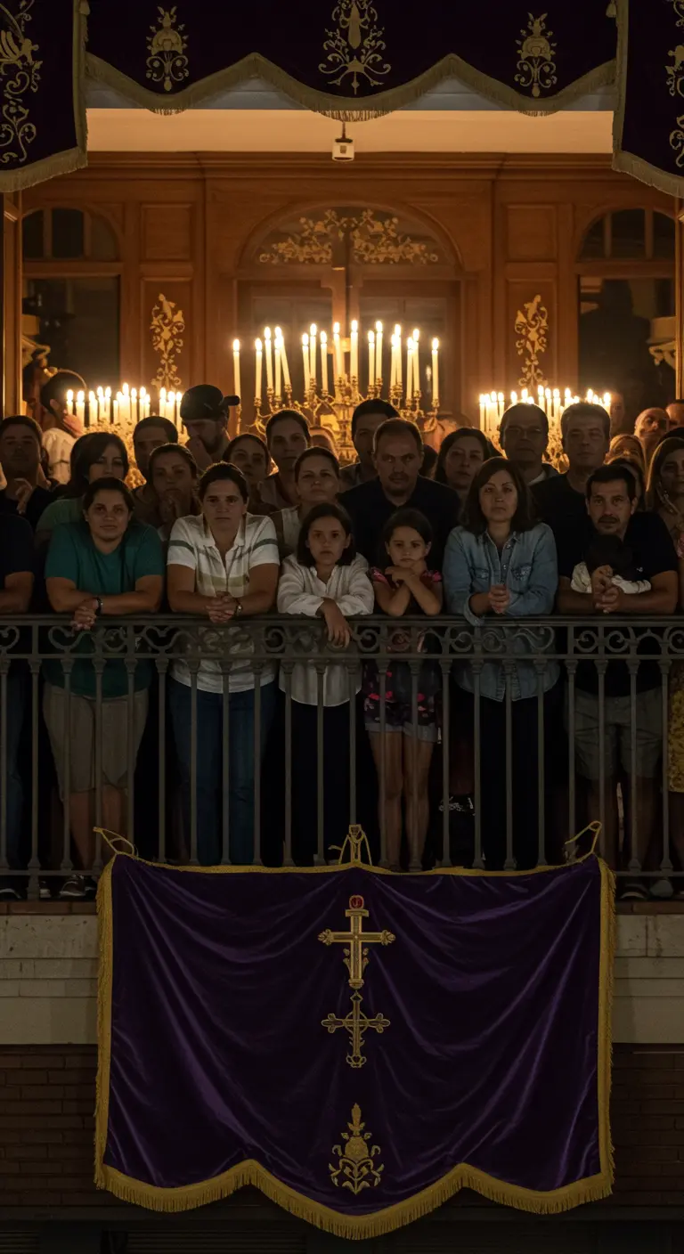 Balcón con un estandarte religioso morado y una fila de velas encendidas.