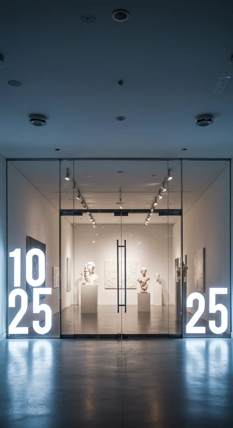 Números de neón gigantes mostrando una fecha en la entrada de una galería moderna.