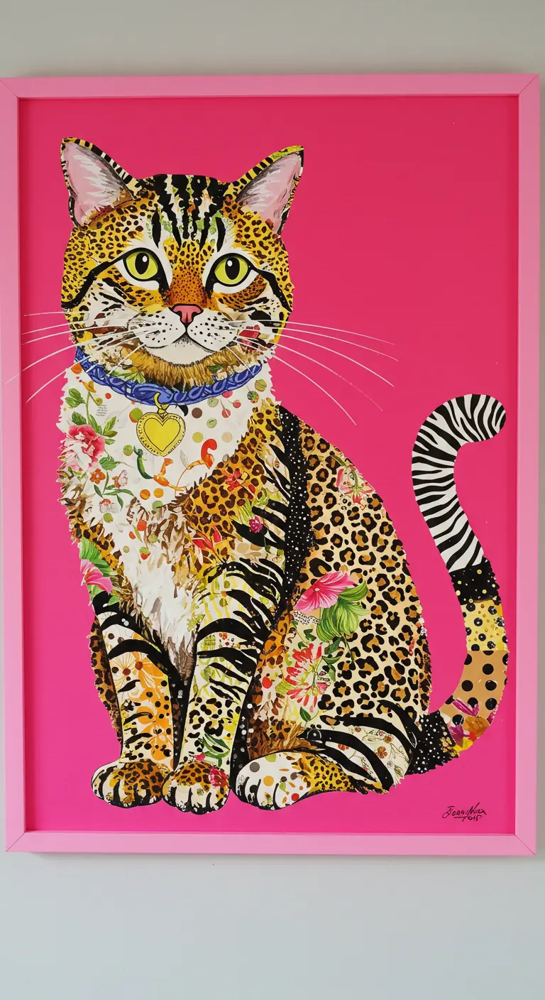 Collage de un gato sentado, hecho con una mezcla de patrones de animal print, flores y rayas.