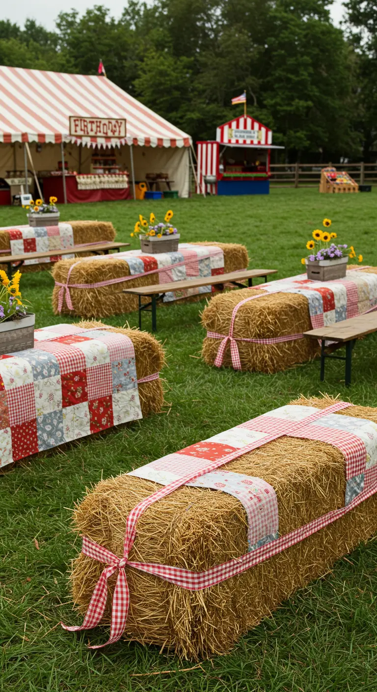 Balas de paja usadas como asientos, cubiertas con telas de patchwork y cuadros vichy.