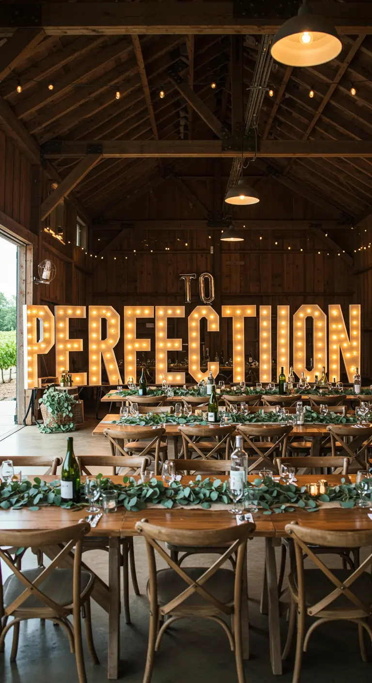Letras 'TO PERFECTION' iluminadas en un granero rústico con largas mesas de madera y eucalipto.