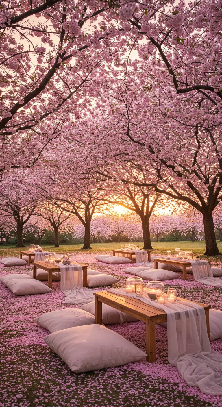 Picnic al atardecer bajo cerezos en flor con mesas bajas y cojines en el suelo.