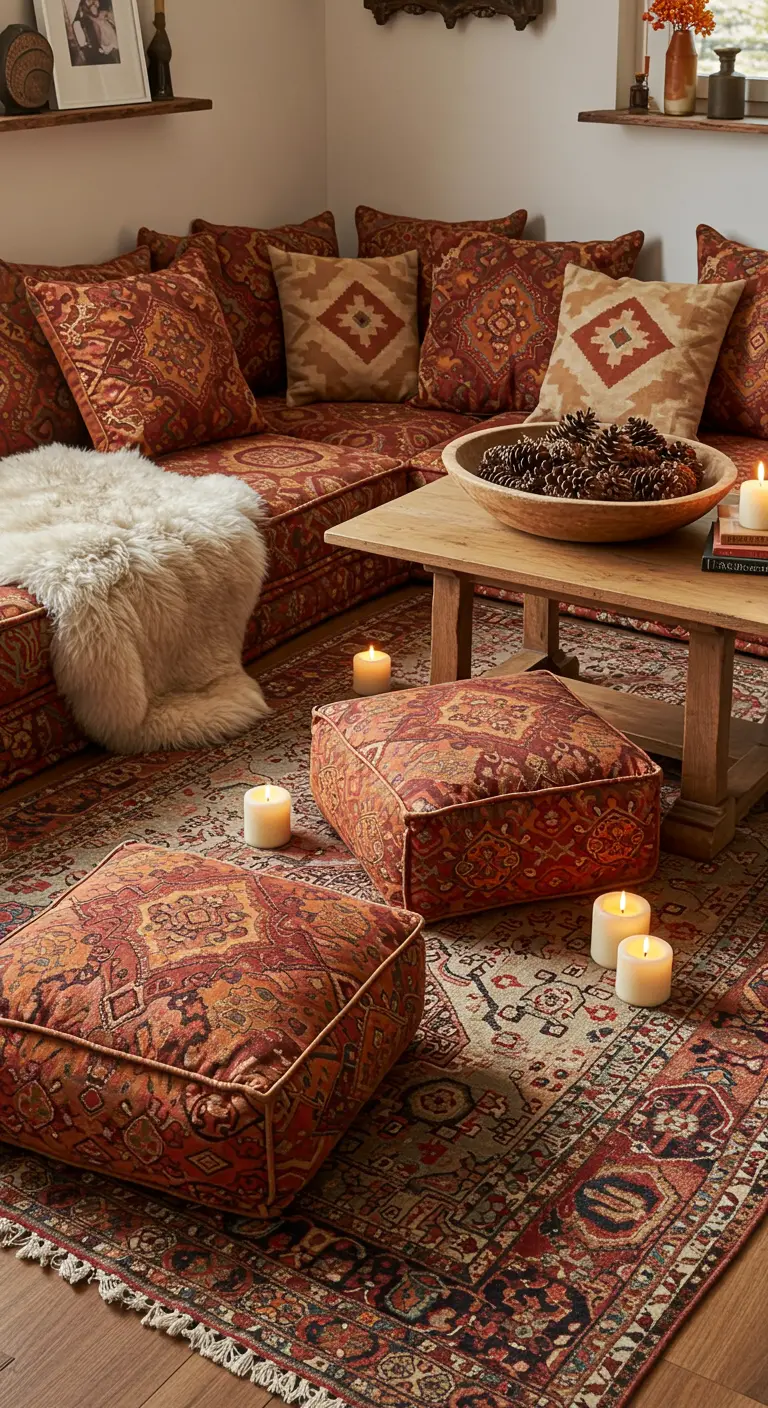 Sala de estar de estilo bohemio con cojines en el suelo, alfombra persa y velas.