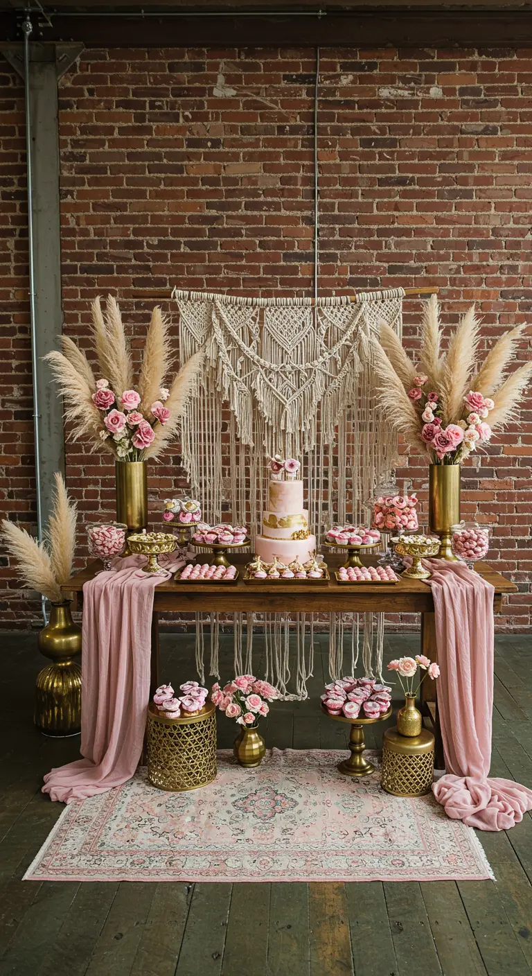 Candy bar de estilo bohemio con un tapiz de macramé, hierba de la pampa y detalles dorados.