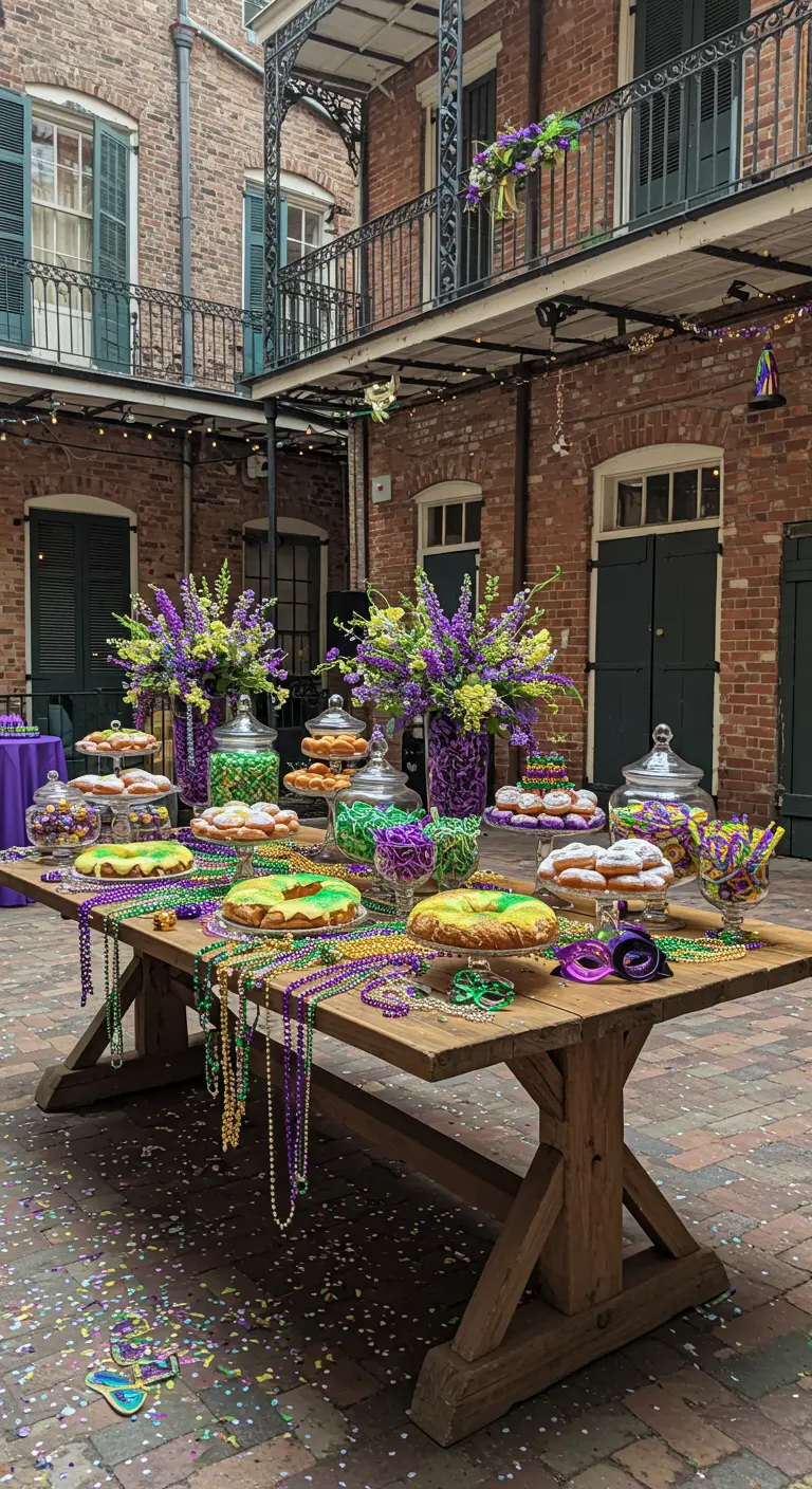 Mesa de dulces de Mardi Gras en un patio de ladrillo, cubierta de collares de cuentas y King Cakes.