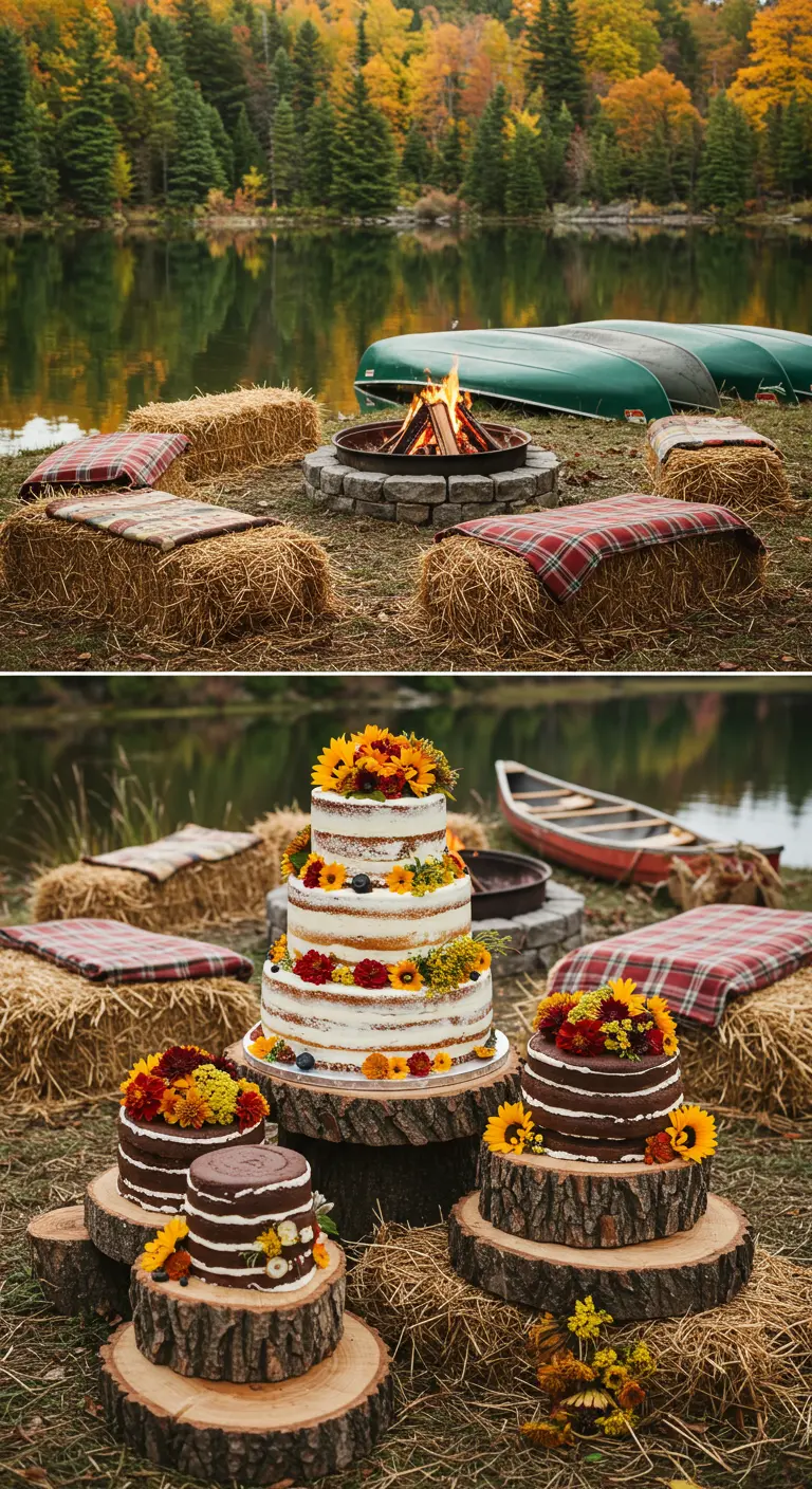 Varios pasteles de bodas rústicos sobre troncos de madera junto a un lago.