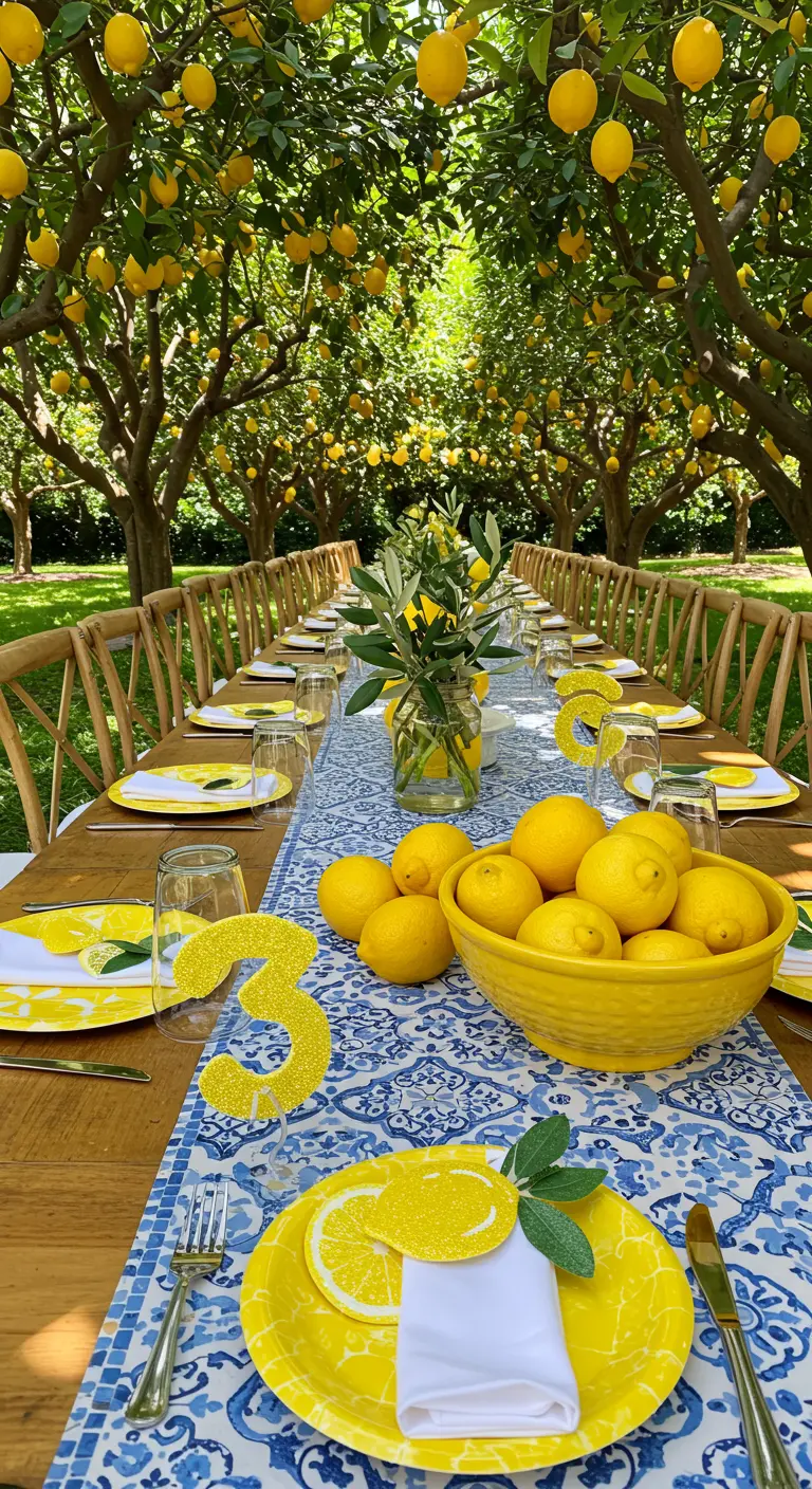 Mesa larga bajo limoneros con un número 3 de glitter amarillo y centros de mesa con limones.