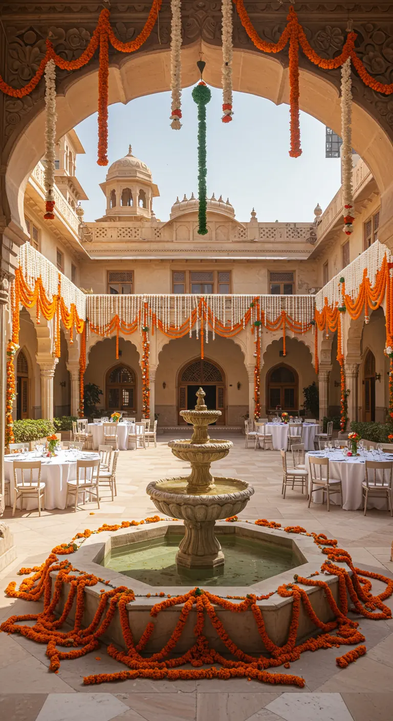 Patio de un palacio indio decorado profusamente con guirnaldas de flores de caléndula naranjas.